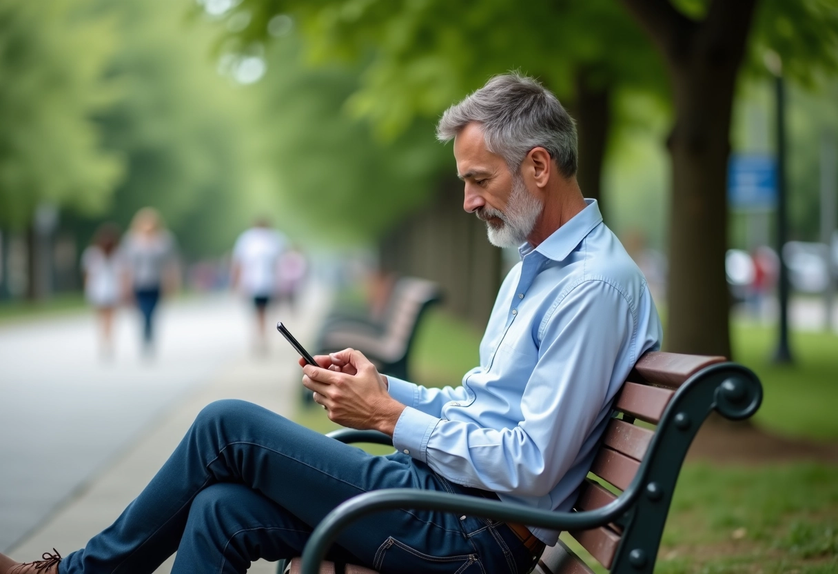 Homme joue à un jeu de lettres sur son smartphone dans un parc
