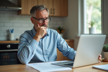 Homme d'âge moyen examine un relevé de prêt immobilier