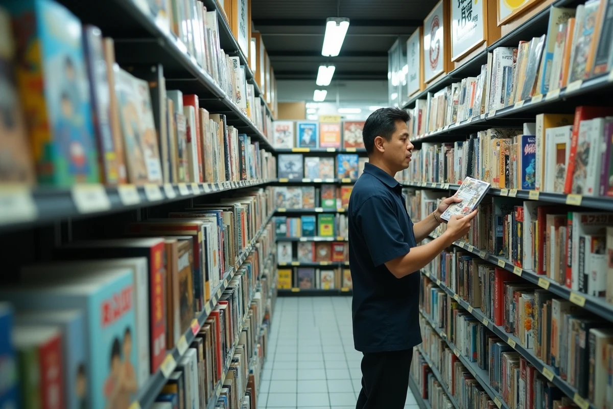 Homme adulte explorant un rayon manga dans une librairie spécialisée de style japonais, illustrant la diversité des genres et formats de manga pour débutants