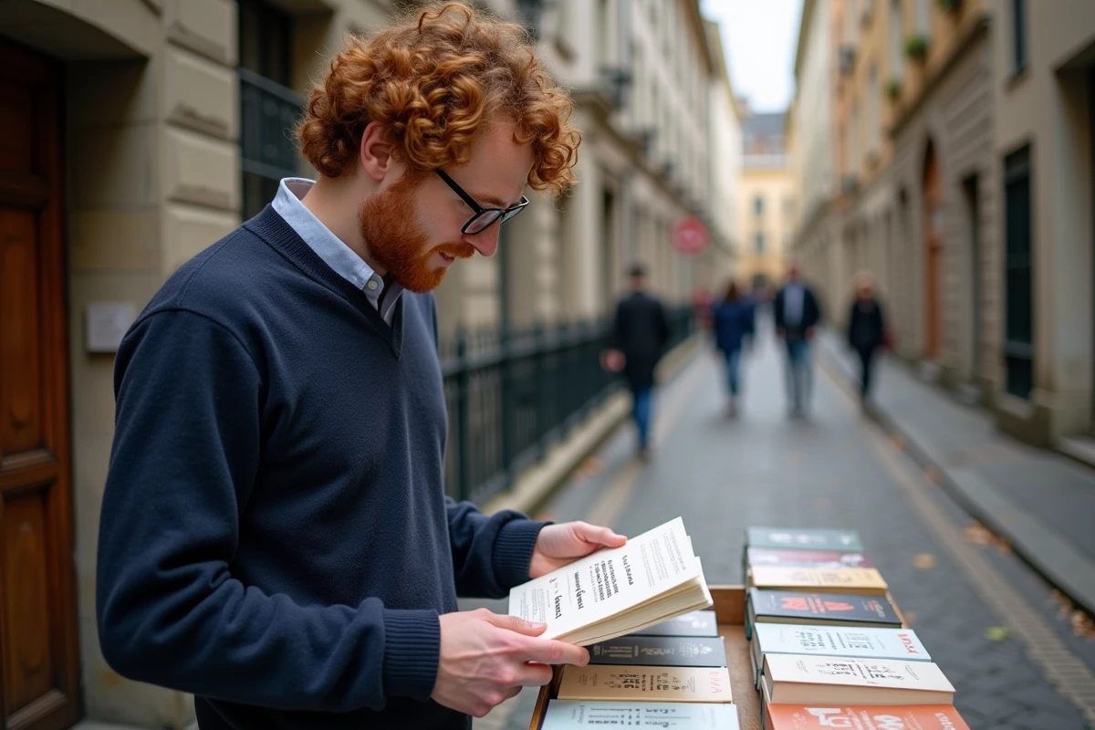 Homme feuilletant des recueils de poésie contemporaine sur un marché du livre en plein air dans une ville européenne