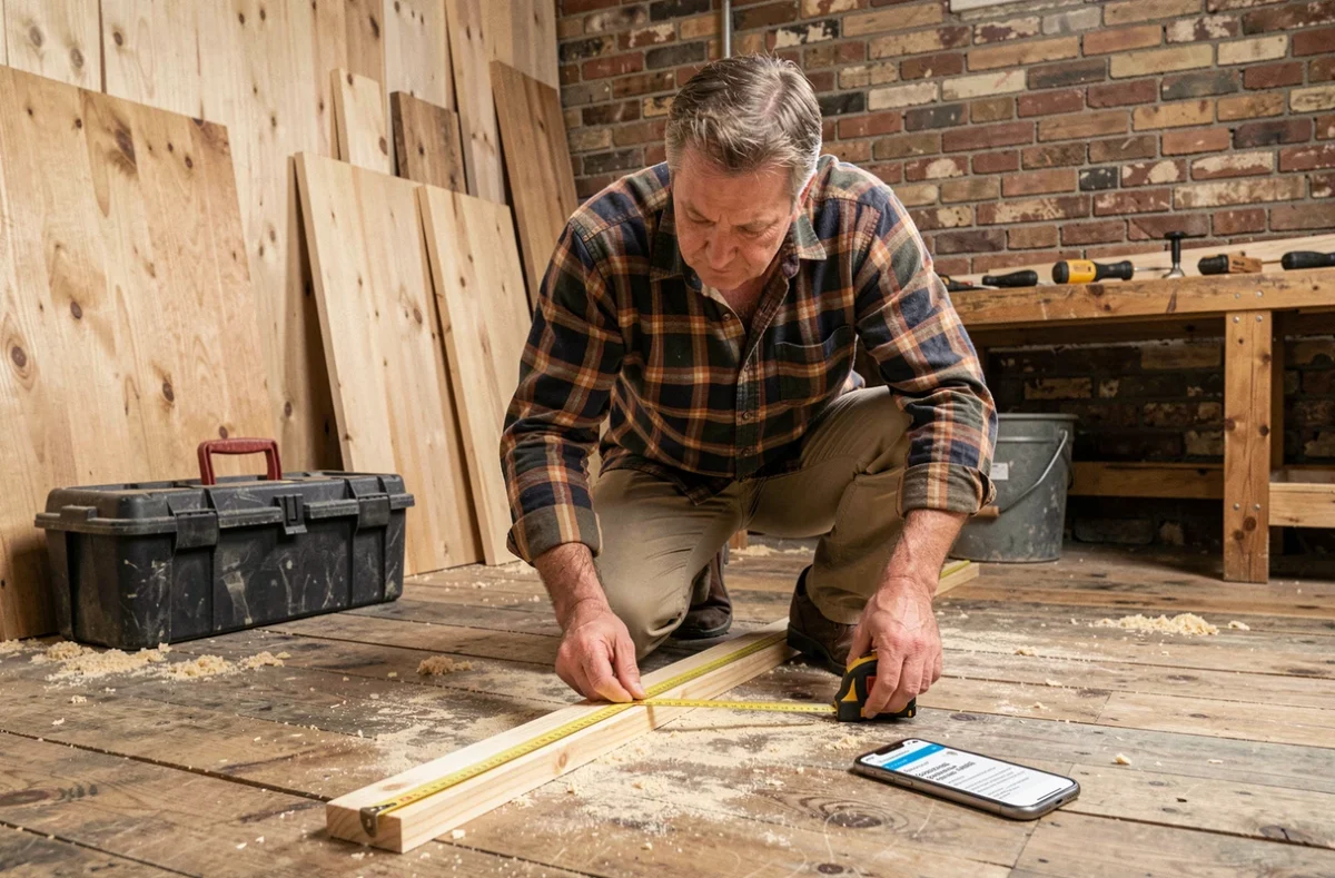 Homme mesurant des planches en bois avec un mètre ruban et un convertisseur de mesures sur smartphone lors de travaux de rénovation