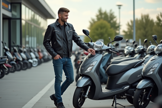 Homme souriant à côté d'une moto Dax neuve en concession