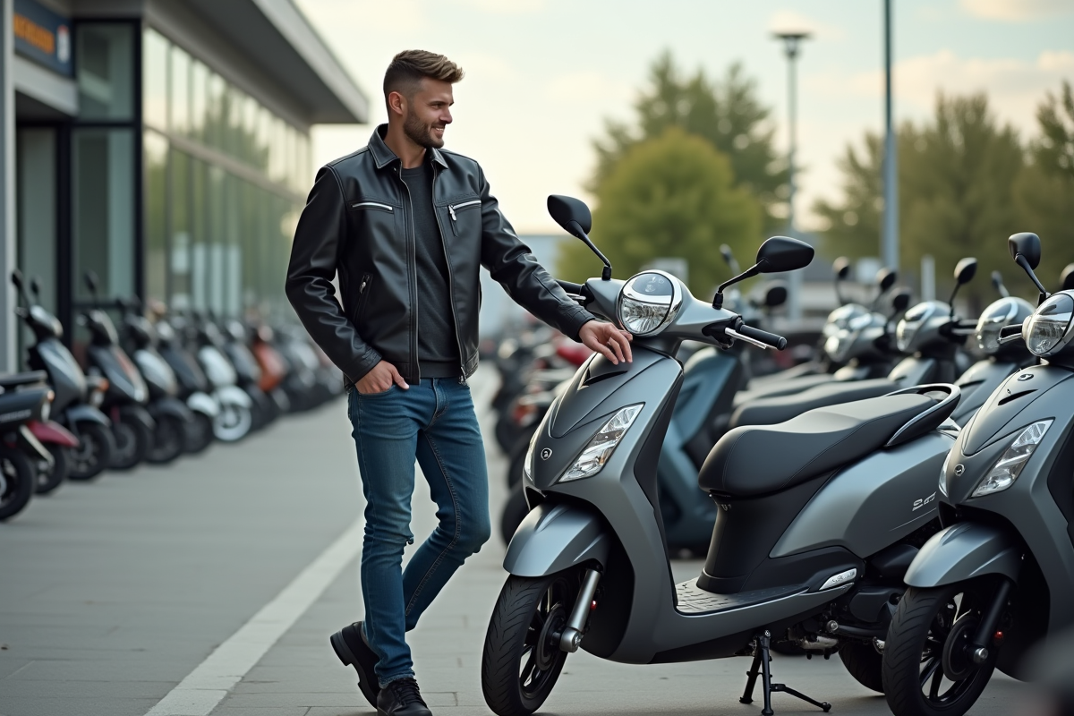 Homme souriant à côté d'une moto Dax neuve en concession