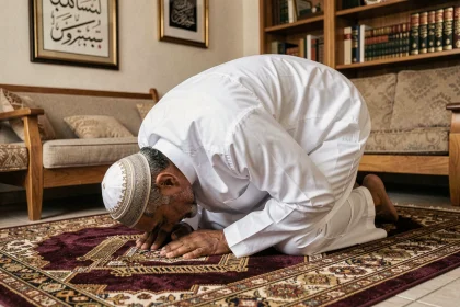 Homme musulman en train de prier sur un tapis de prière traditionnel dans un intérieur marocain à Valence