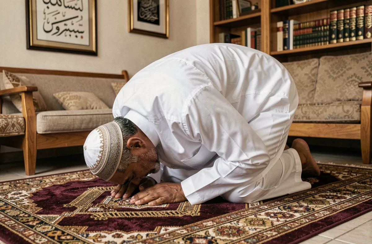 Homme musulman en train de prier sur un tapis de prière traditionnel dans un intérieur marocain à Valence