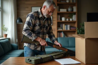 Homme moyenâgeux préparant une arme de chasse dans un salon