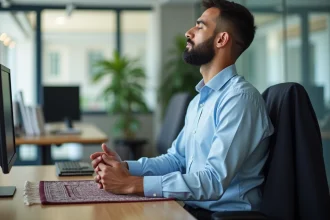Homme musulman en pause prière dans son bureau, organisant son temps de travail autour des horaires de prière à Bondy