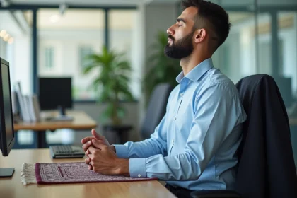 Homme musulman en pause prière dans son bureau, organisant son temps de travail autour des horaires de prière à Bondy