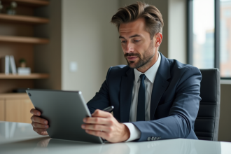 Homme d'affaires concentré utilisant une tablette Windows dans un bureau moderne