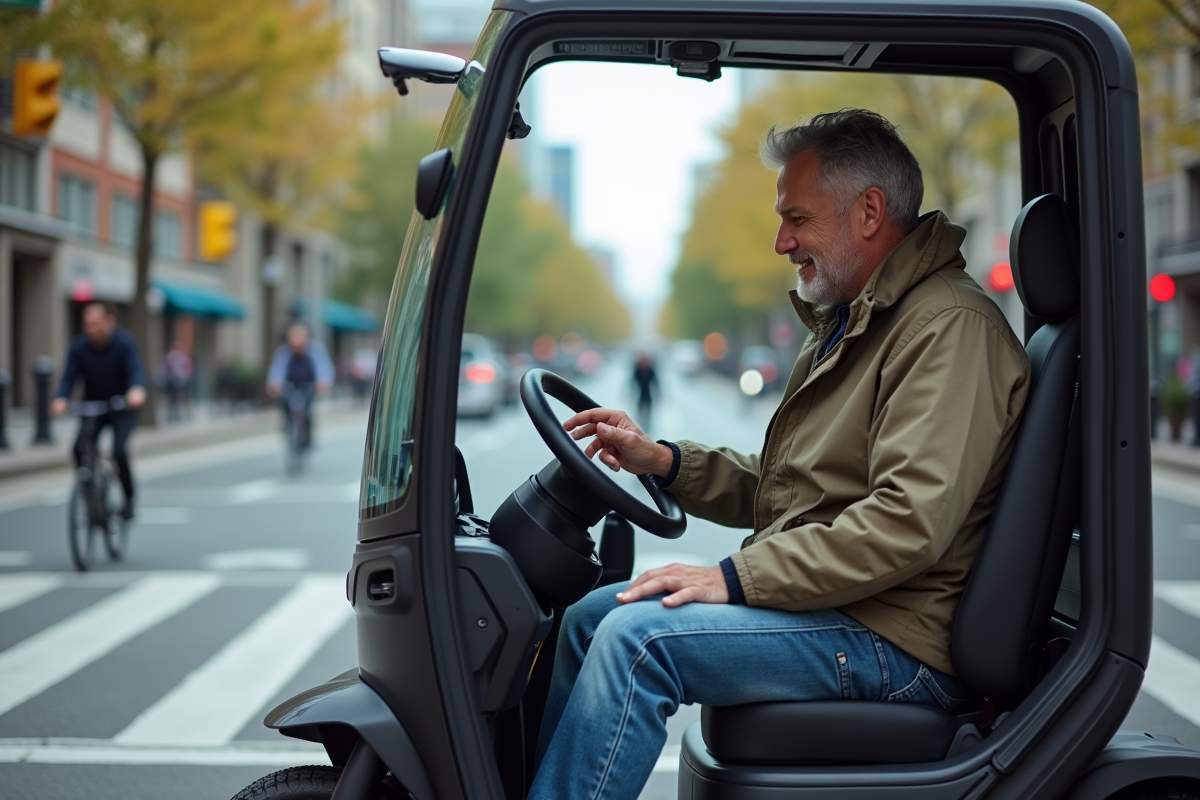 Homme détendu vérifiant sa navigation dans un quadricycle en ville