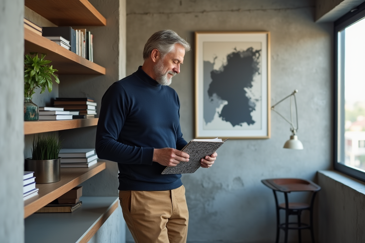 Homme organise un espace de travail avec un meuble mural