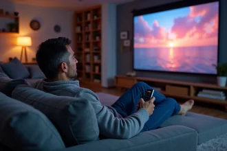 Homme détendu regardant une projection dans son salon moderne