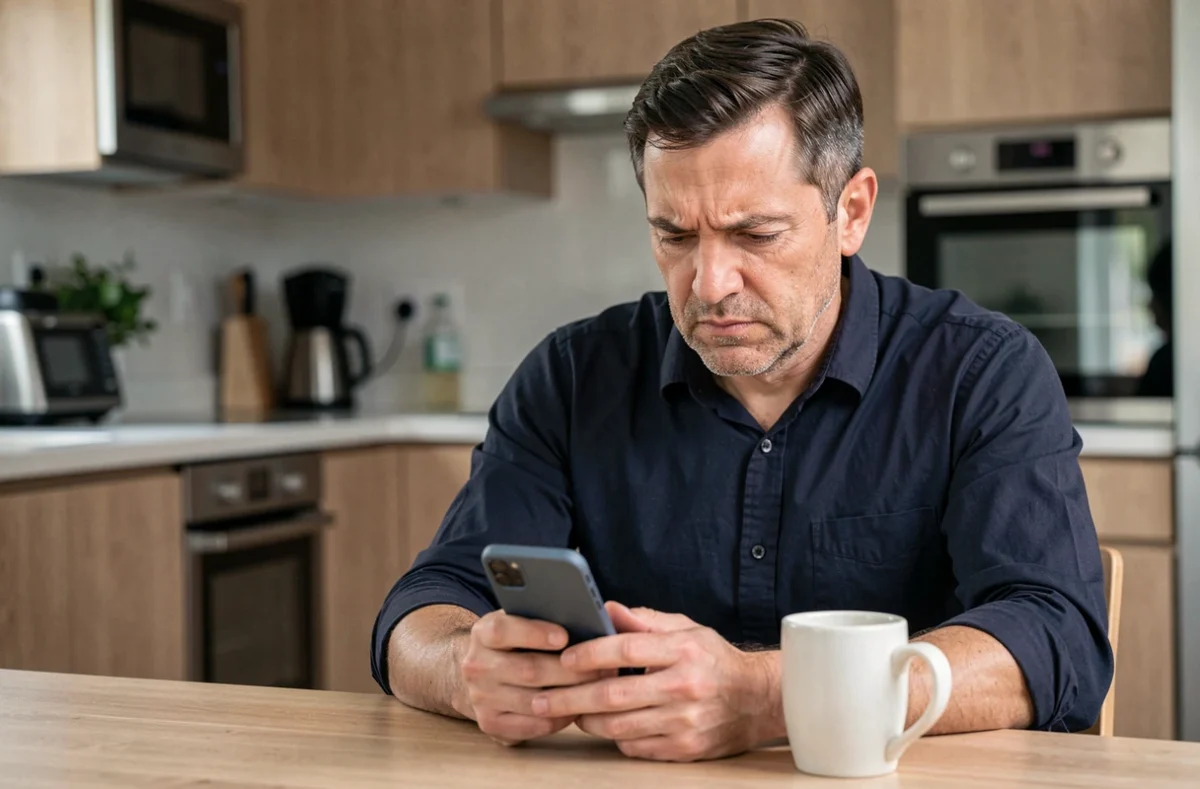 Homme consulte son smartphone à la cuisine cherchant à débloquer sa progression et accumuler des points sur Mon Avis le Rend Gratuit
