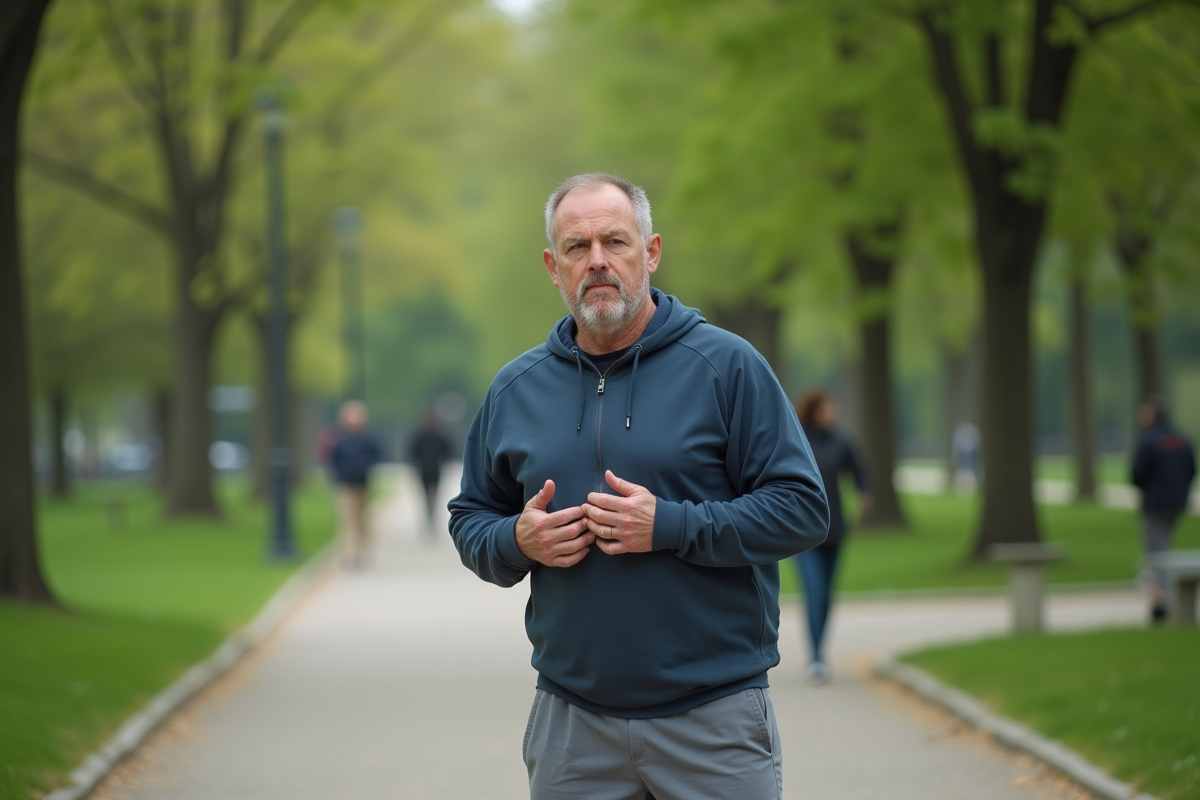 Homme d'âge moyen en tenue de sport dans un parc urbain