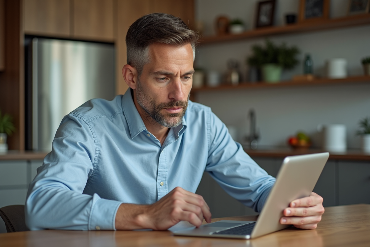 Homme utilisant une tablette pour simulation de credit en cuisine