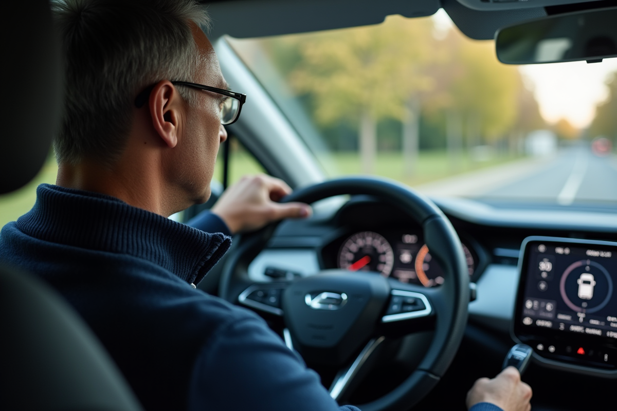 Homme regardant le tableau de bord de sa voiture hybride