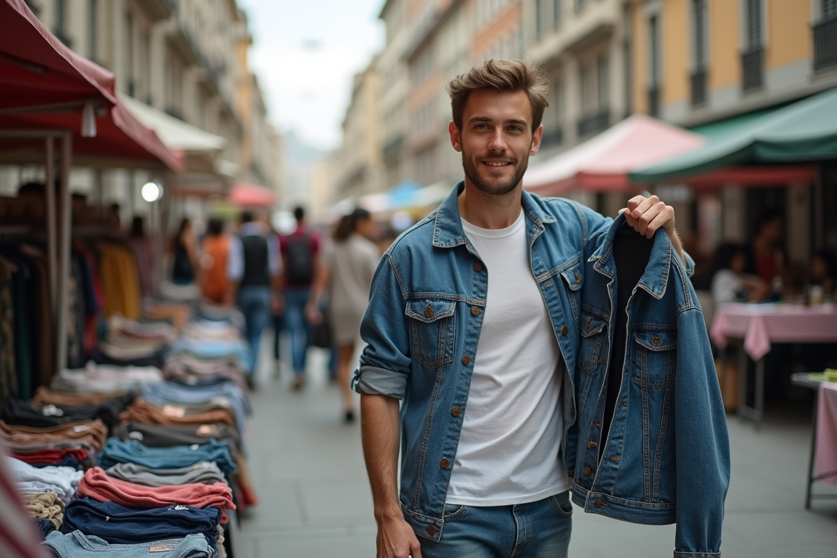Jeune homme tenant une veste vintage au marché en plein air