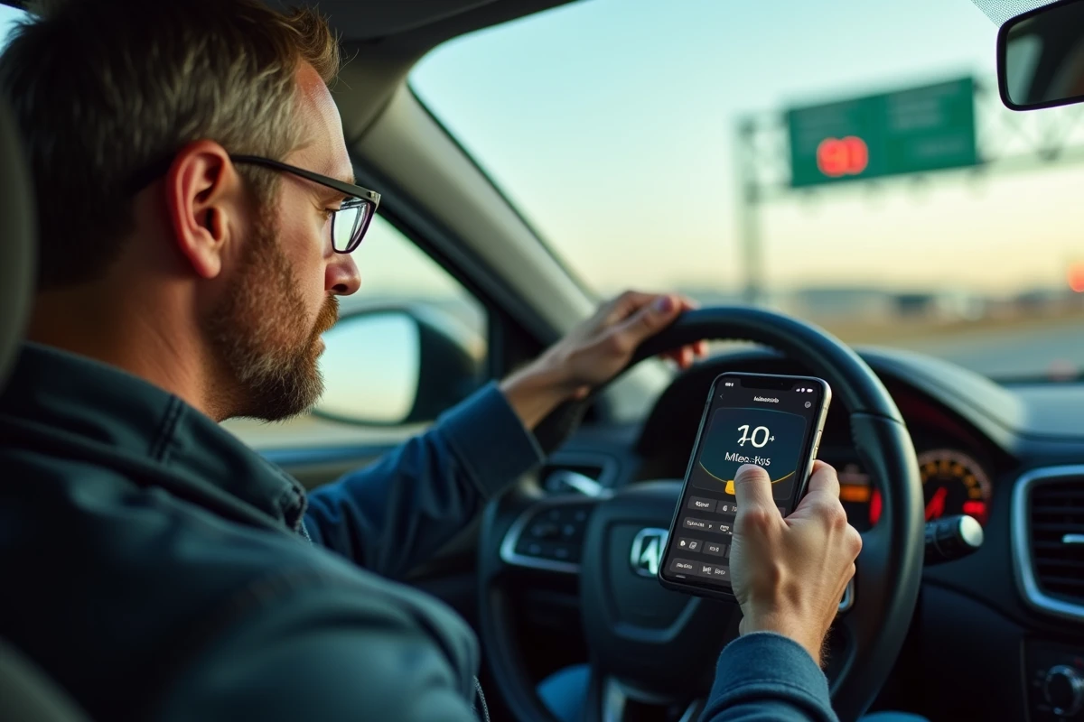Homme d'âge moyen dans une voiture regarde son smartphone