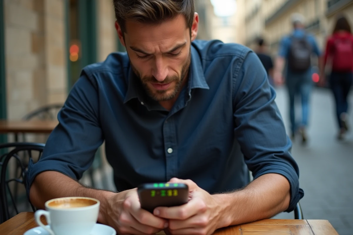 Homme consultant une grille de mots Wordle sur son téléphone en terrasse de café parisien