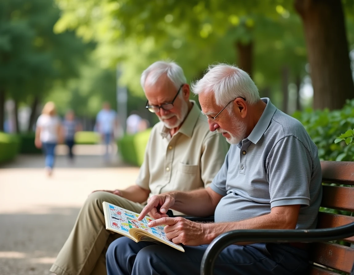 Deux hommes seniors comparant un jeu visuel de type où est l'erreur dans un parc