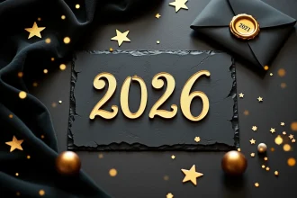 Carte de vœux Bonne Année 2026 en noir et or avec calligraphie dorée sur ardoise sombre