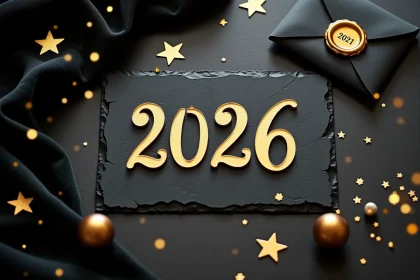 Carte de vœux Bonne Année 2026 en noir et or avec calligraphie dorée sur ardoise sombre