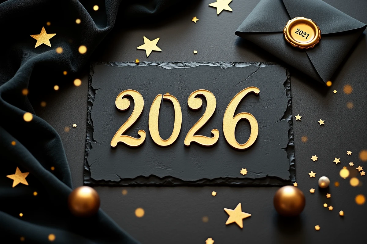 Carte de vœux Bonne Année 2026 en noir et or avec calligraphie dorée sur ardoise sombre