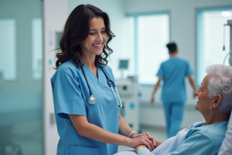 Infirmière souriante aidant un patient âgé dans un hôpital