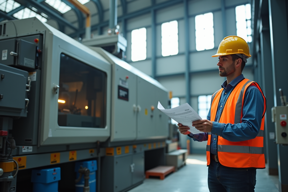 Ingénieur dans une usine moderne inspectant documents avec machine NF
