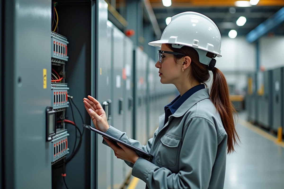 Ingénieure électricienne devant une armoire de distribution avec transformateurs d'isolement dans une usine moderne