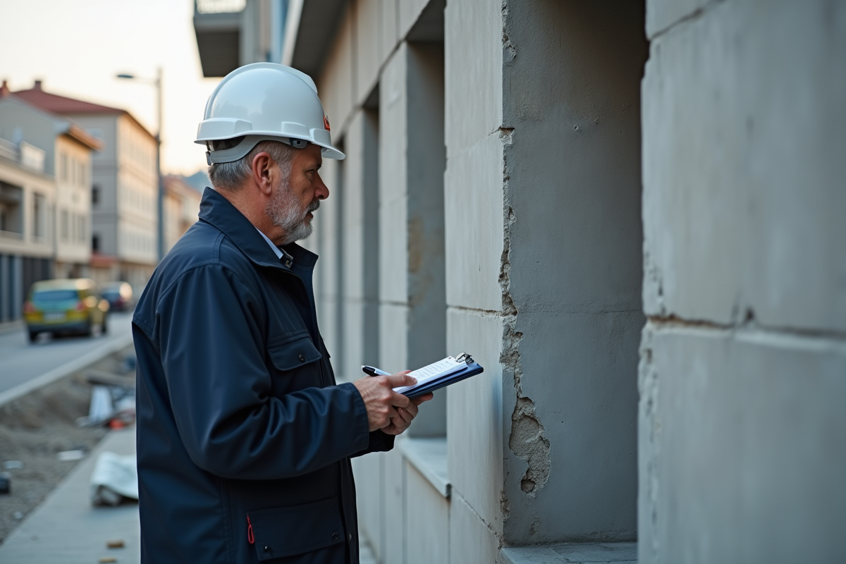 Inspecteur urbain examine un mur en béton en ville