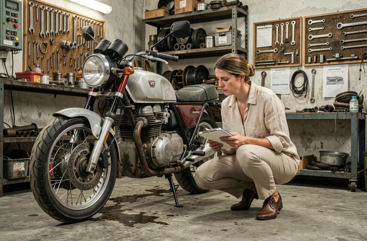 Femme inspectant minutieusement une moto italienne d'occasion dans un garage avec une liste de vérification à la main