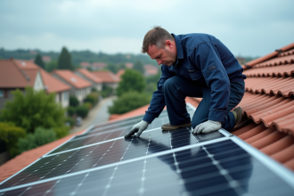 Technicien installant panneau solaire sur toit résidentiel