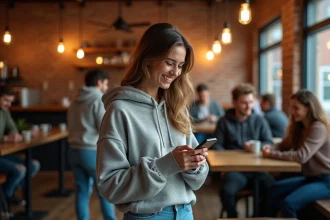Jeune femme utilisant un langage argotique tendance en envoyant un message sur son smartphone dans un café urbain branché