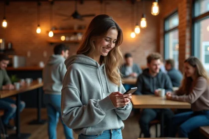Jeune femme utilisant un langage argotique tendance en envoyant un message sur son smartphone dans un café urbain branché