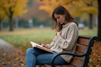 Jeune femme en automne sur un banc avec livre fermé