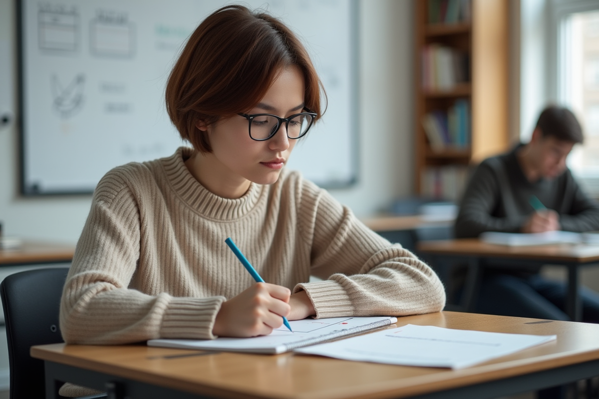 Jeune femme en classe dessinant un diagramme geometrique