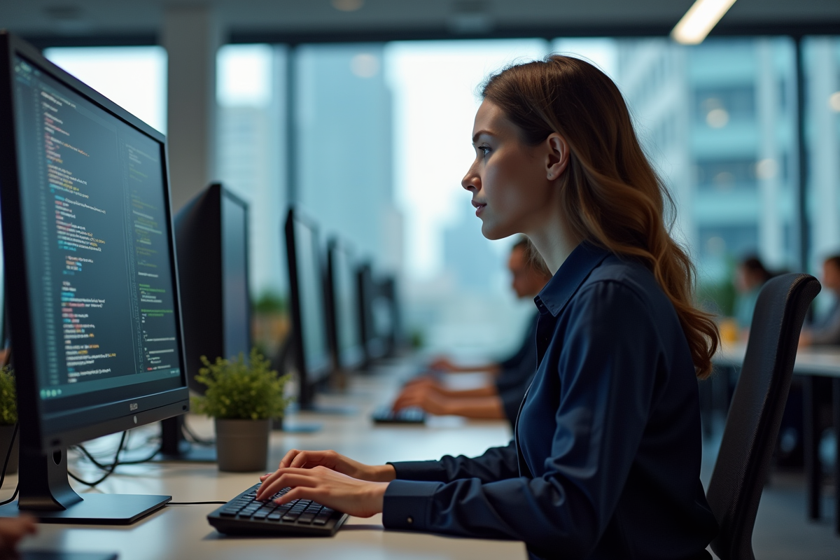Jeune femme en informatique travaillant à son bureau