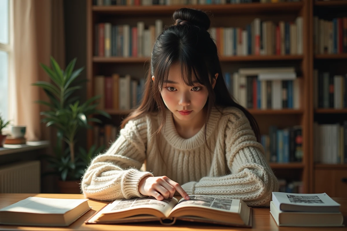Jeune femme lisant un manga assis à un bureau entouré de bibliothèques remplies de volumes, idéal pour illustrer une introduction au manga pour débutants