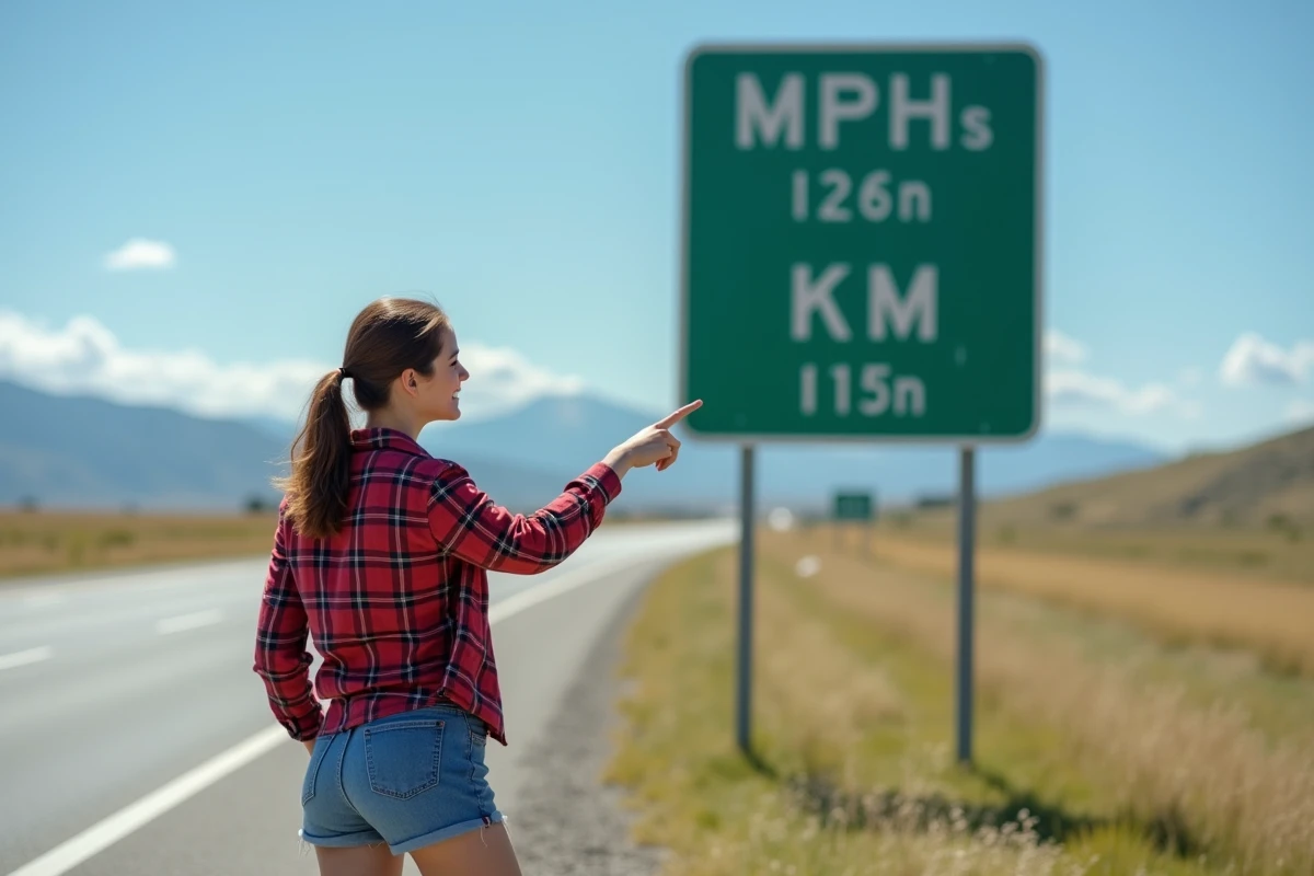 Jeune femme pointe un panneau de vitesse sur la route