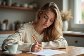 Jeune femme écrivant un poème d'amour dans la cuisine