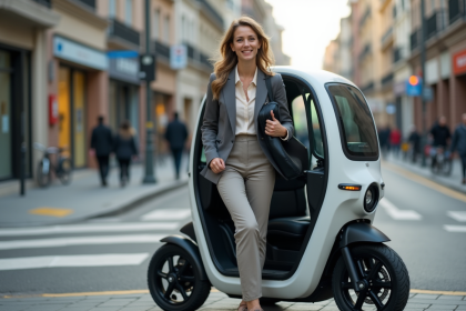 Jeune femme souriante sortant d'un quadricycle moderne en ville