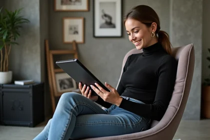 Femme en turtleneck noir regarde des proofs sur tablette