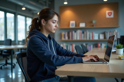 Jeune femme concentrée sur son ordinateur dans un espace startup