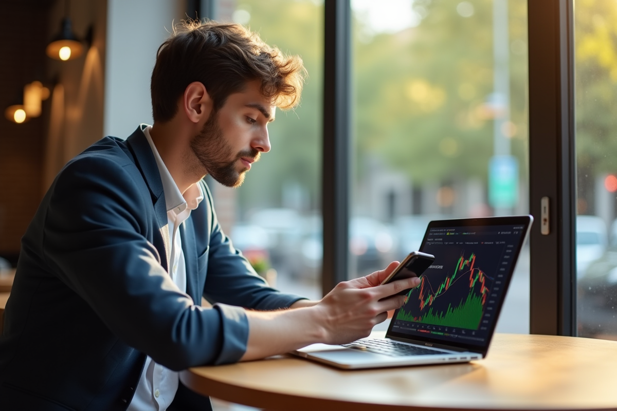 Jeune entrepreneur fintech utilisant smartphone et ordinateur portable