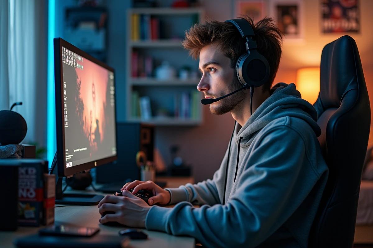 Jeune homme concentré jouant en intérieur avec casque gaming
