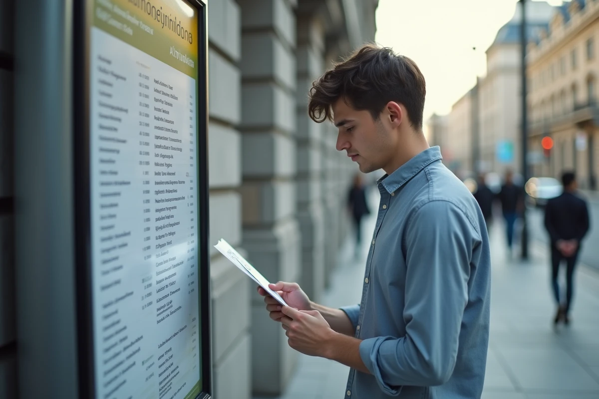 Jeune homme regardant une liste de contacts sur un panneau urbain