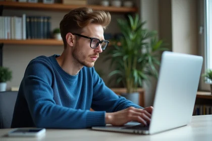 Jeune homme au bureau regardant un site blanc