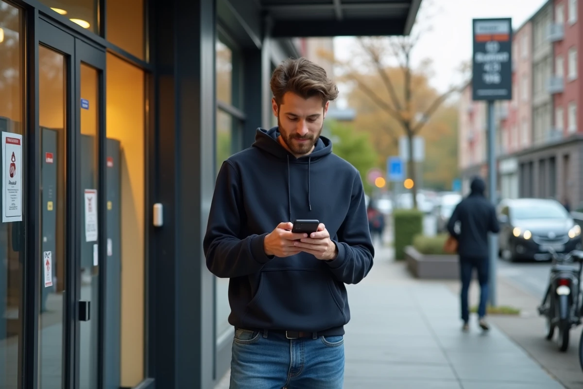 Jeune homme vérifiant son colis devant un point de retrait