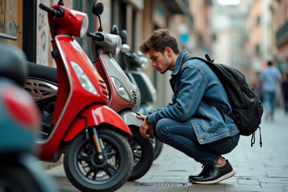 Jeune homme examine un scooter 50cc en ville